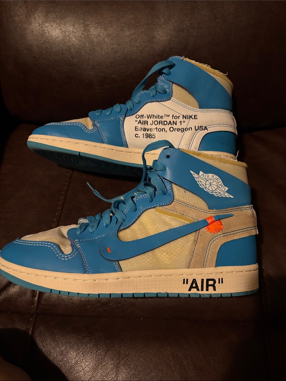 Off-White x Air Jordan 1 High Top Sneakers in Blue and Cream